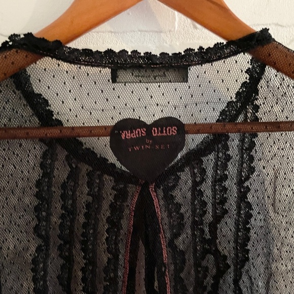 Twin-Set by Simona Barbieri Crop Blouse Cardigan Sheer Lace Black Heart Y2K Sz M - Picture 5 of 15